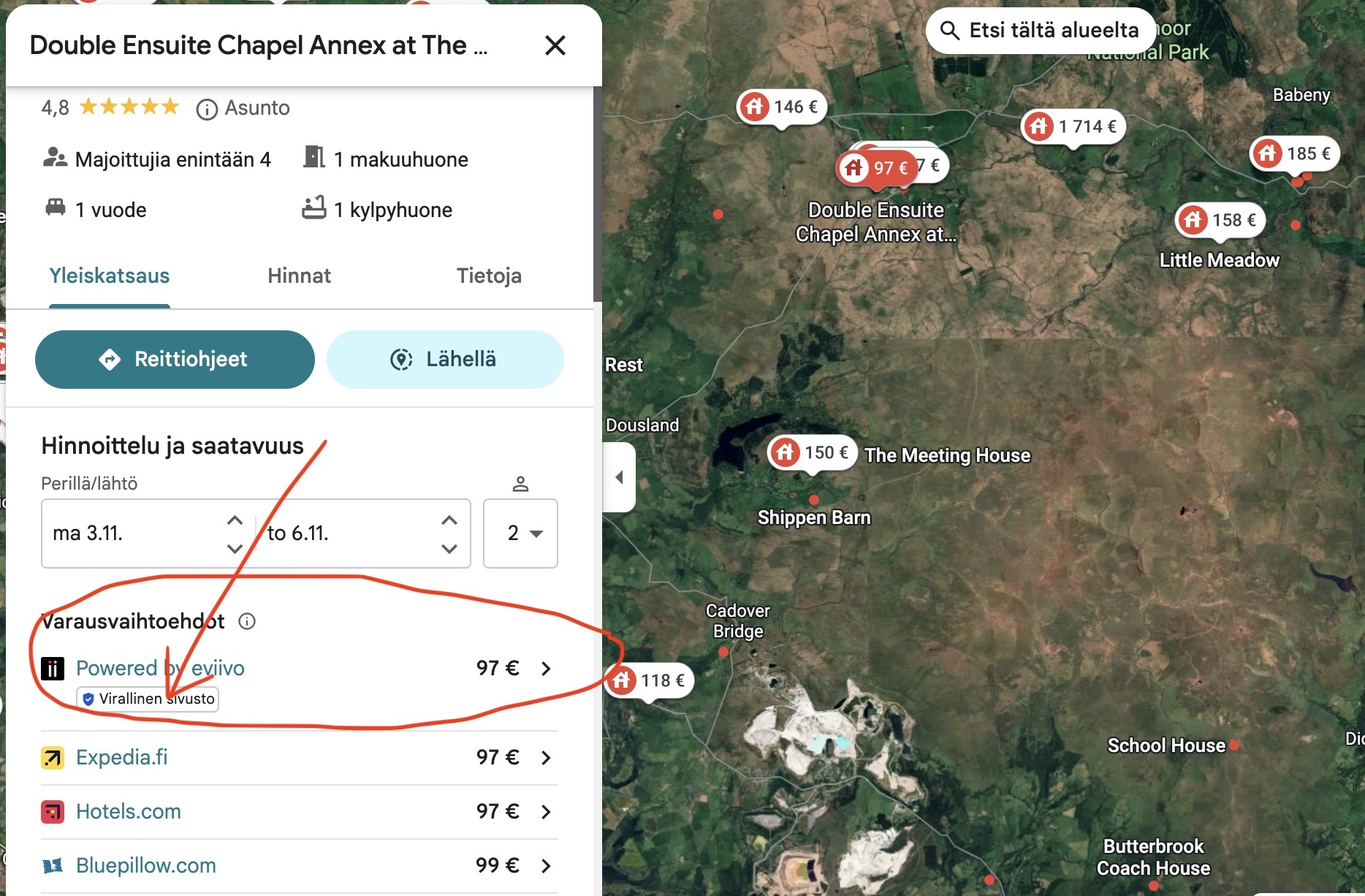 Google Vacation Rental näyttää "virallinen sivusto" leiman oman kotisivusi linkin vieressä.
